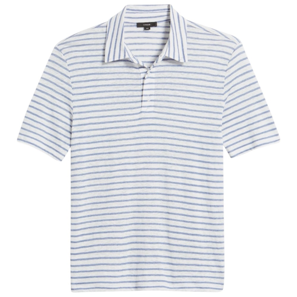 Vince Mens Blue White Striped 100% Linen Short Sleeve Polo Shirt Size M